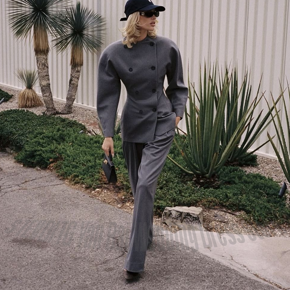 Women Formal Wear Shirt And Pant - Classic Grey Women's Suit Set Double