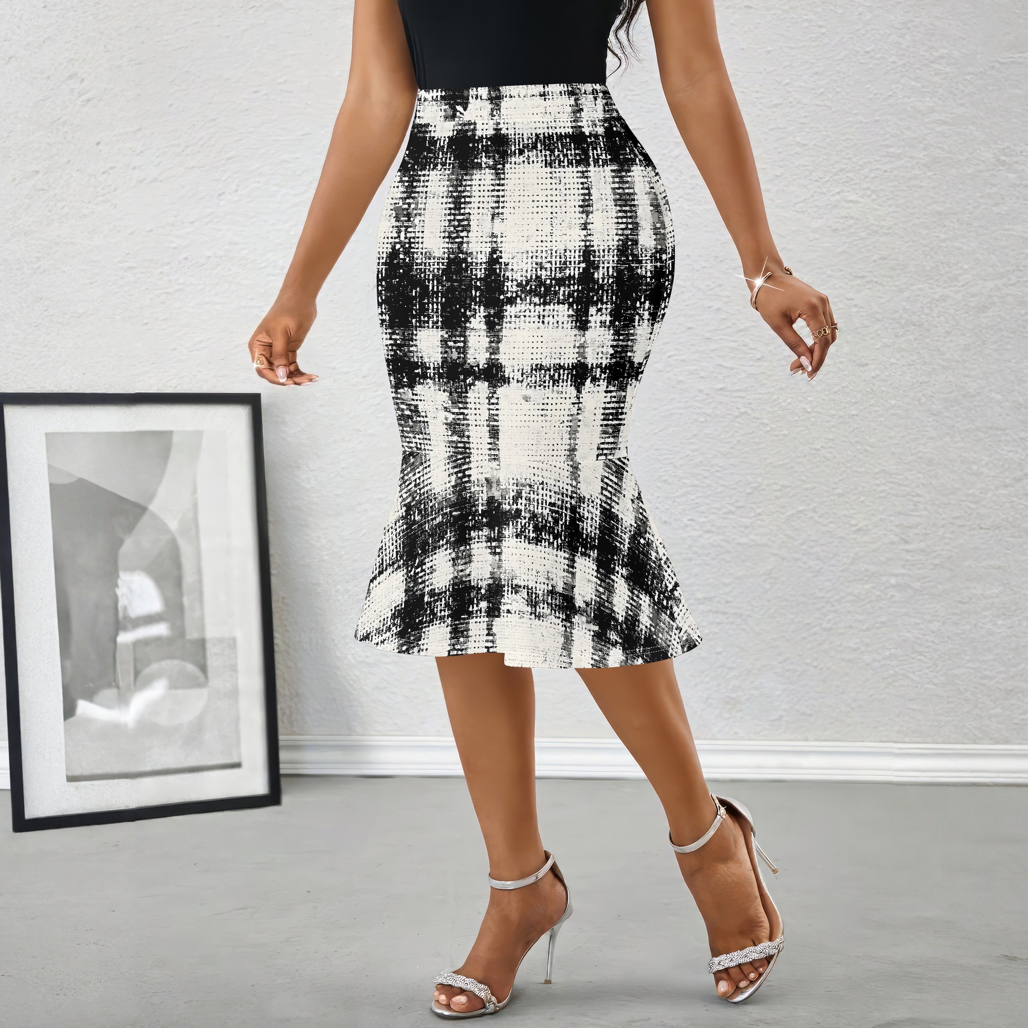 Black White Plaid Midi Skirt,  – Women Formal Wear Black And White recenzja i cena