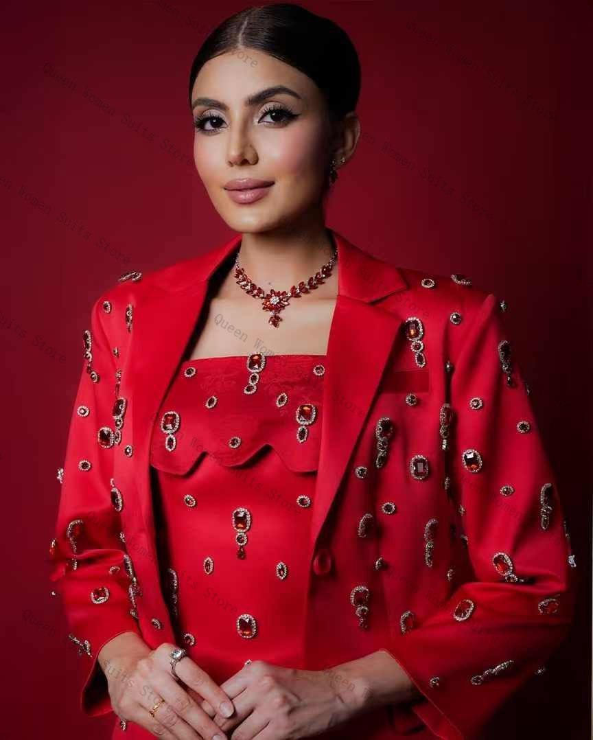Luxury Red Crystals Women Suit – Women Formal Wear With Skirt recenzja i cena