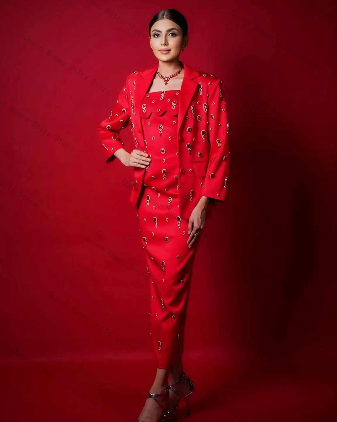 Luxury Red Crystals Women Suit – Women Formal Wear With Skirt recenzja i cena