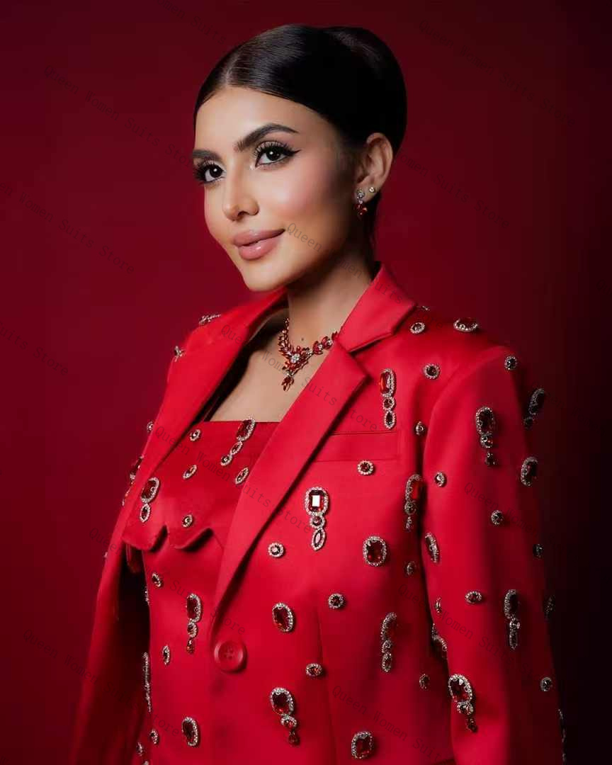 Luxury Red Crystals Women Suit – Women Formal Wear With Skirt recenzja i cena