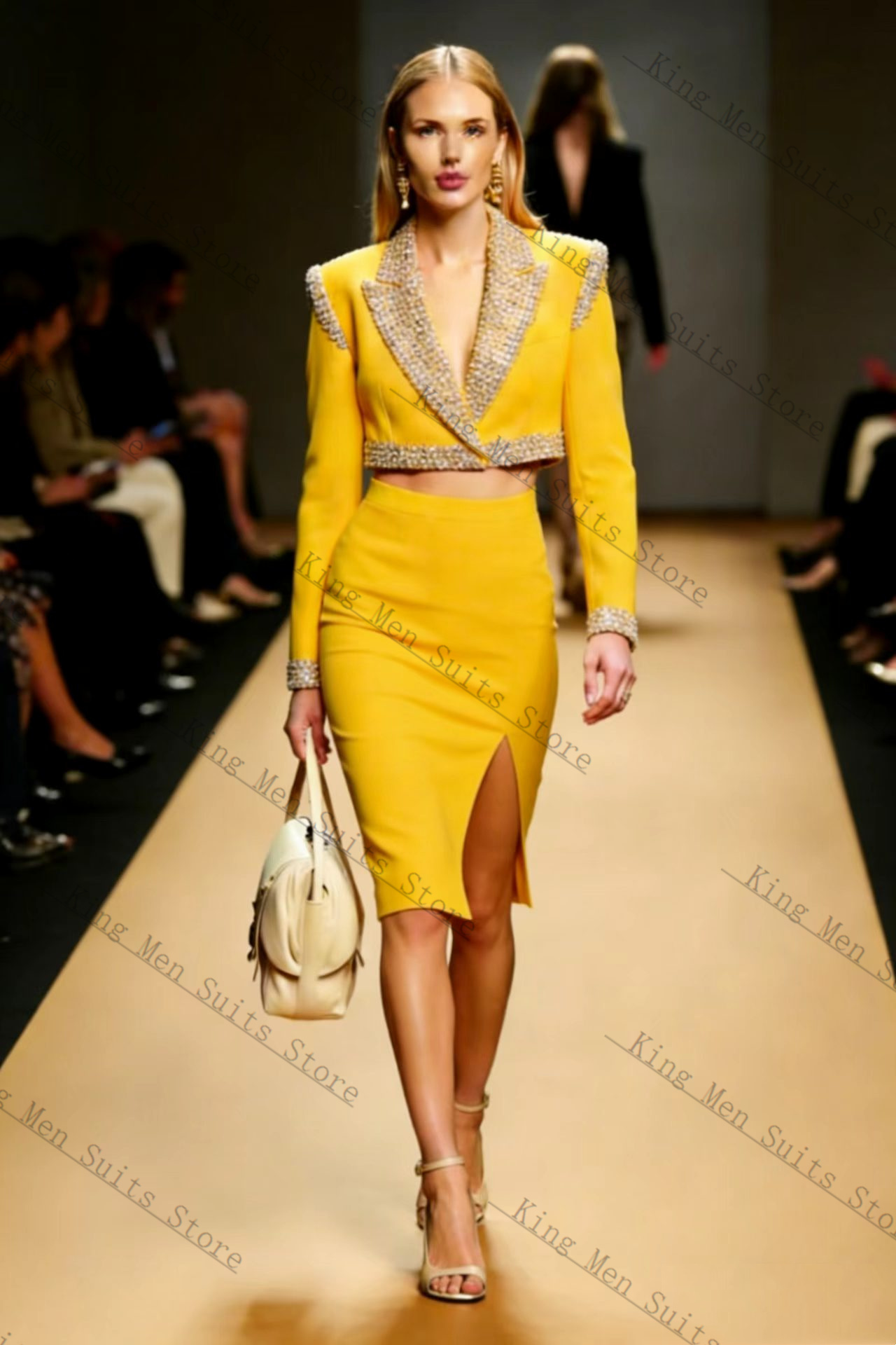 Yellow Crystals Women Suit Ski – Women Formal Wear With Skirt recenzja i cena