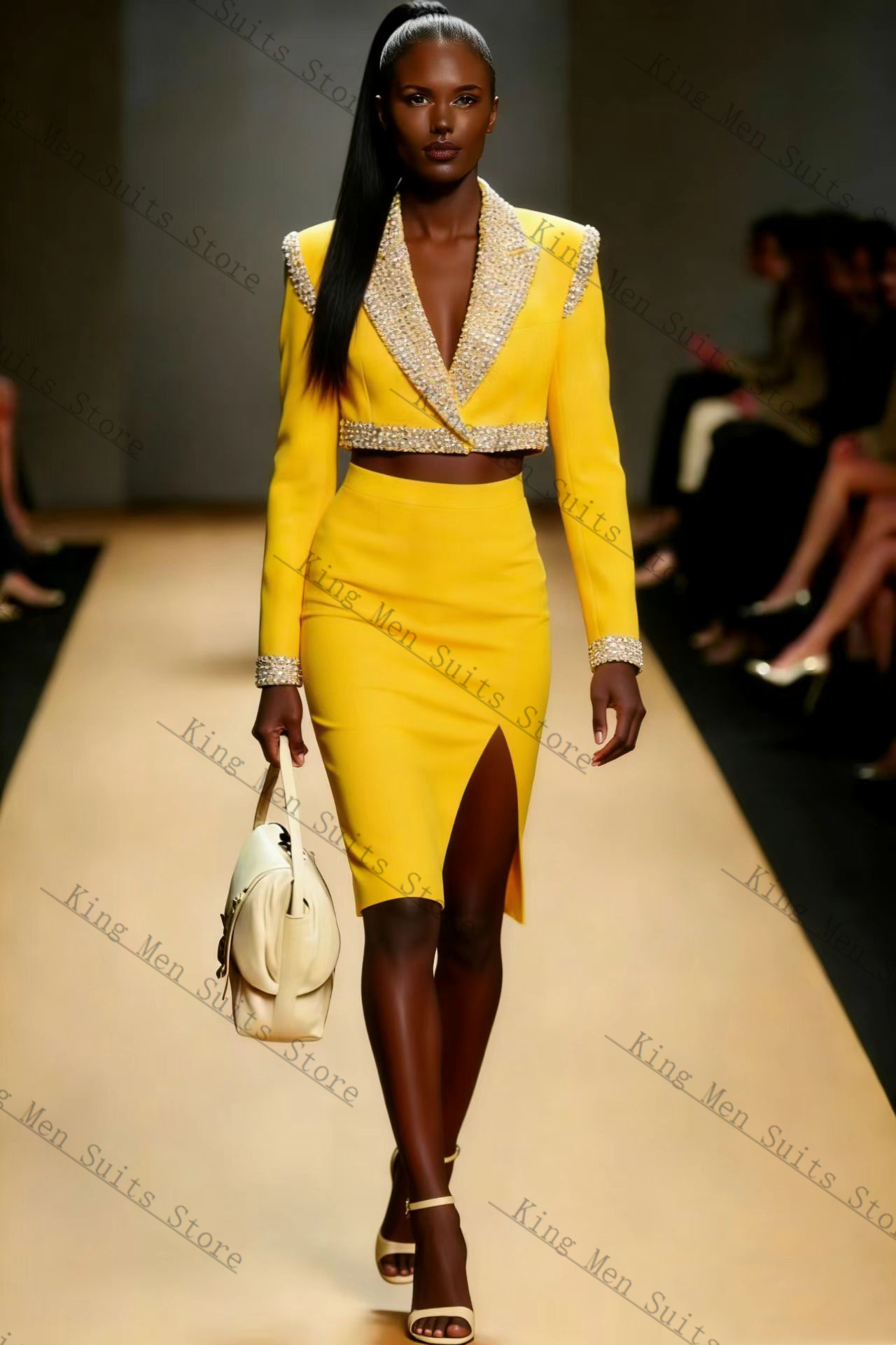 Yellow Crystals Women Suit Ski – Women Formal Wear With Skirt recenzja i cena