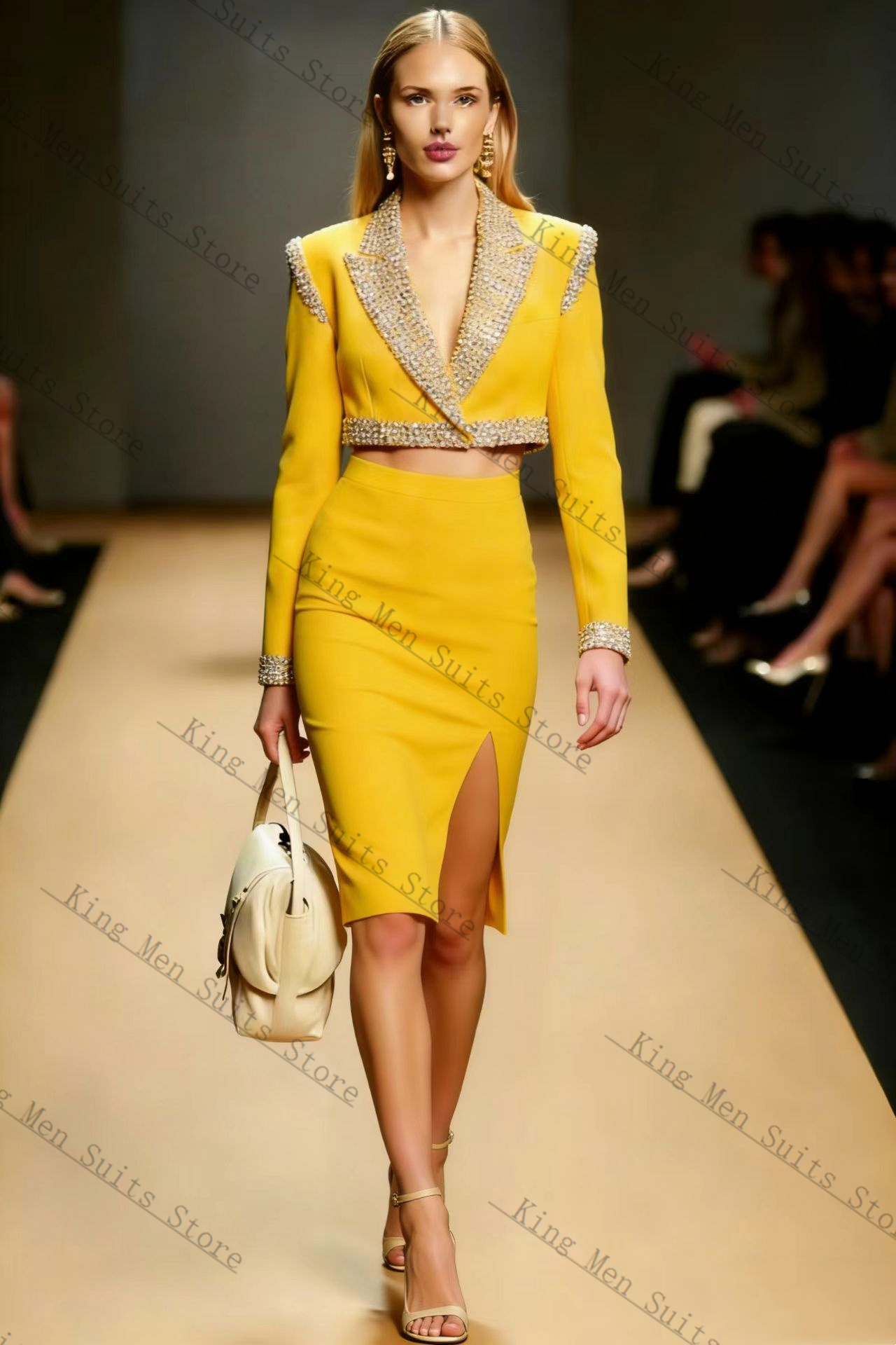 Yellow Crystals Women Suit Ski – Women Formal Wear With Skirt recenzja i cena