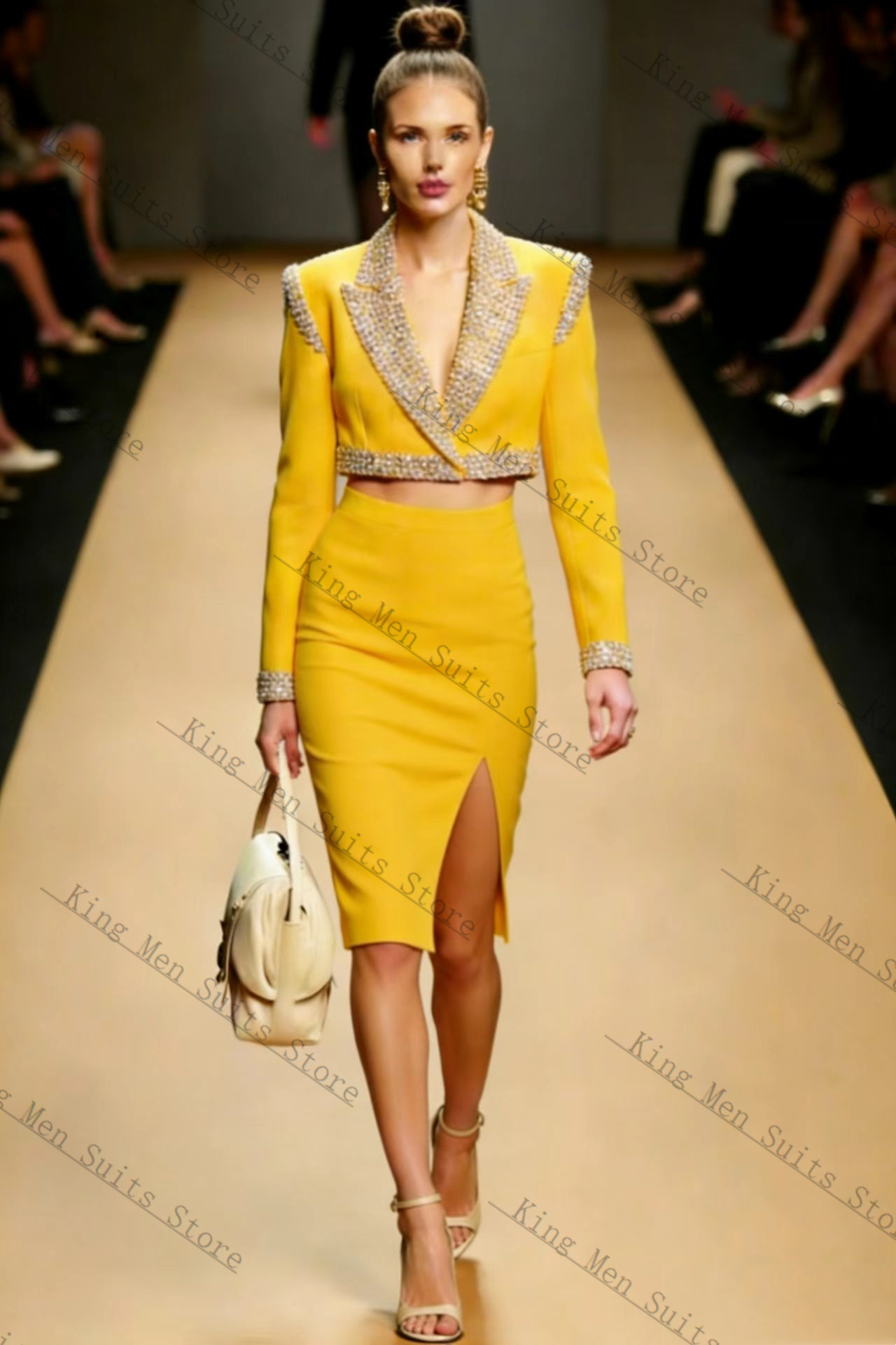 Yellow Crystals Women Suit Ski – Women Formal Wear With Skirt recenzja i cena